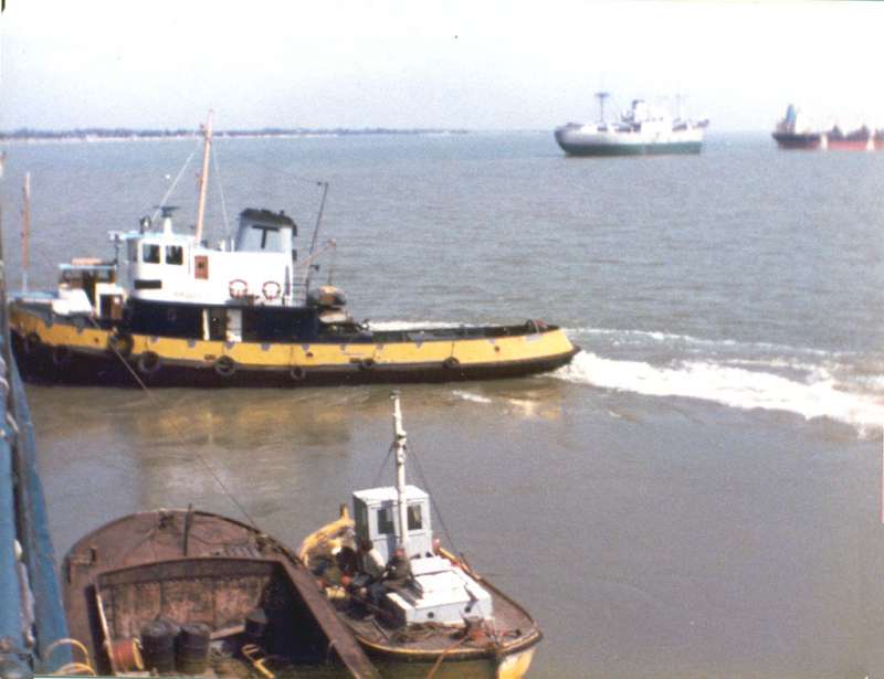  Tug believed to be the ARGUS T owned by TSA Tug Ltd of Leigh on Sea. The ships in the background are the ZAK and the ATTICA. It is believed the ship in the picture is the ESSEX FERRY (3,242 tons gross, built 1957) which left 28Apr1983. 
Cat1 Blackwater-->Laid up ships
